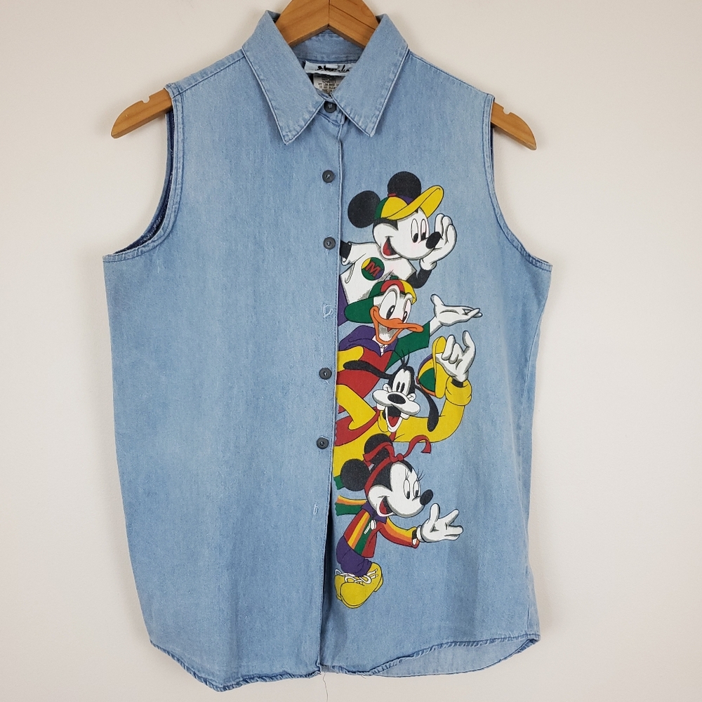 Vintage Mickey by Jerry Leigh Lightweight Denim Sleeveless Graphic Print Top
